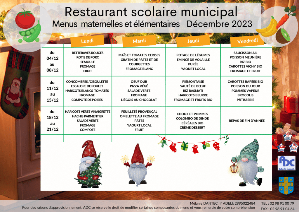 Cantine: menus de décembre - Mairie de Clohars-Fouesnant